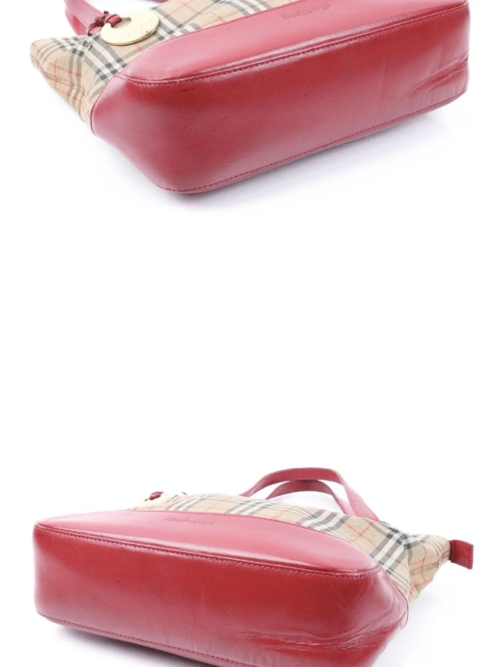 Burberry Vintage Nova Check Beige Canvas Shoulder Bag with Red Leather Trim